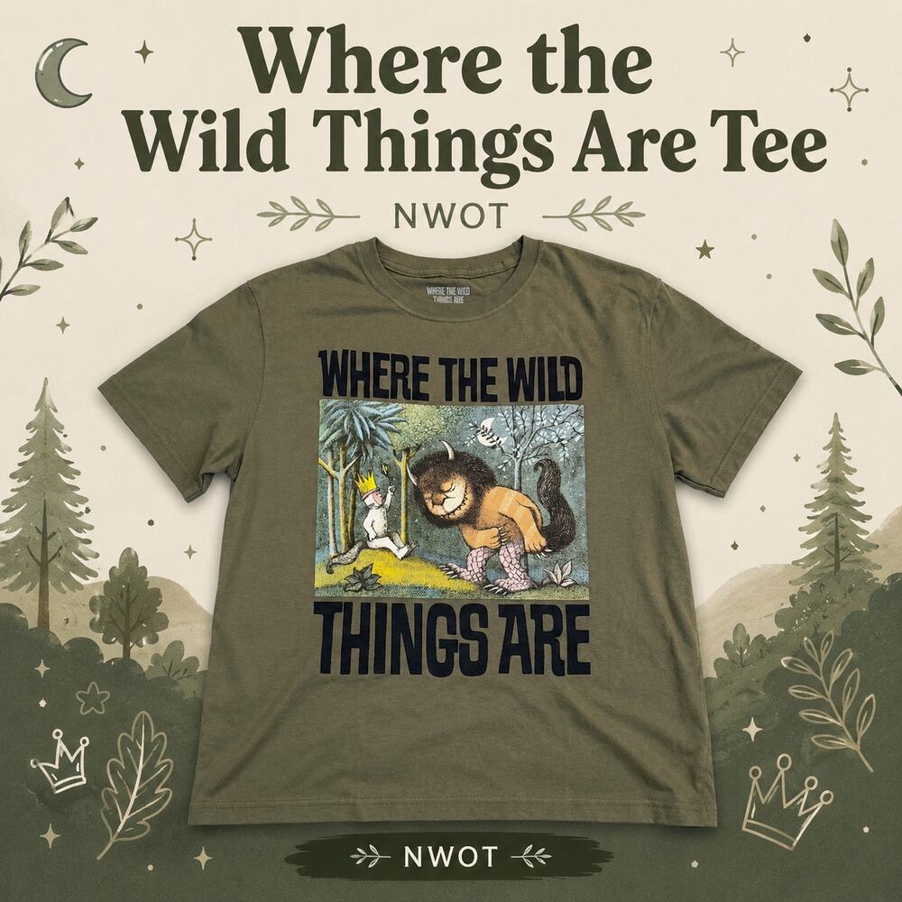 Where the Wild Things Are Olive Graphic Tee Flocked Text Book Shirt nwot M